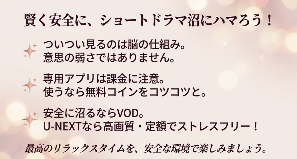 まとめ:怪しい課金を避けて
安全にショートドラマ沼にハマろう