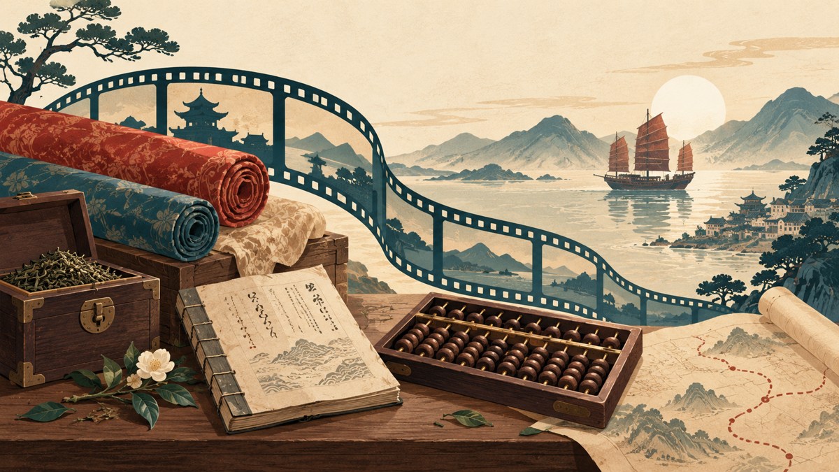 商いと中国ドラマ鑑賞をイメージした、そろばん・絹・茶箱とフィルムの生成イラスト（作品場面ではありません）